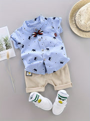 Boys Gentleman Crown Print Shirt&Shorts Set, Summer Kids Clothing