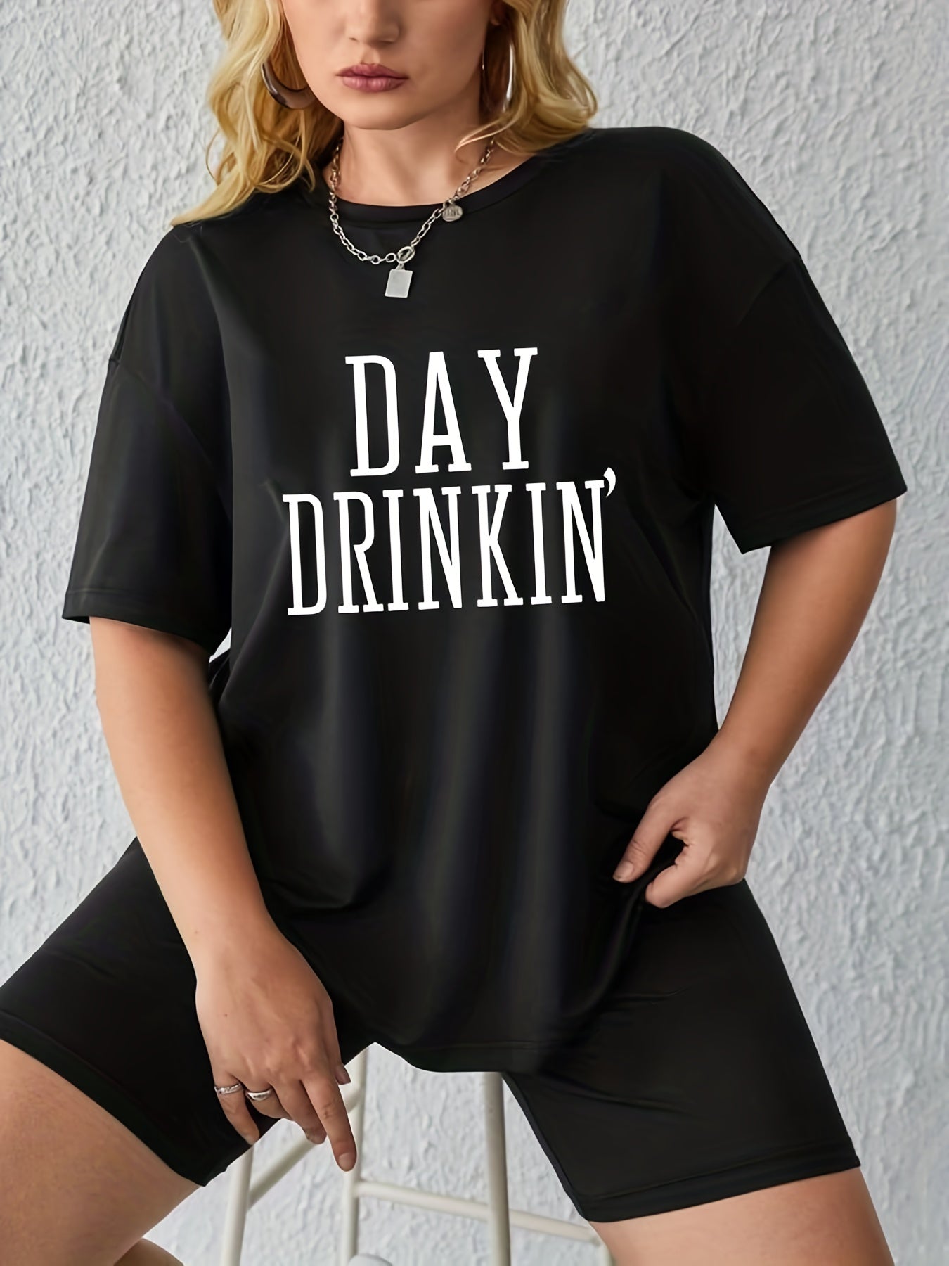 Women's Plus Letter Print Tee & Shorts Set