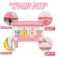 Chenille Letter Clear Makeup Bag Waterproof Glitter Cosmetic Handbag