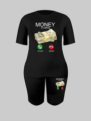 Letter & Graphic Print Tee & Biker Shorts Set