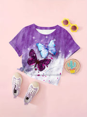 Butterfly Print Short Sleeve T-shirt Girls Summer Sports