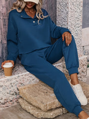 Solid Long Sleeve Lapel Collar Pullover & Joggers Set