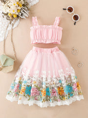 2pcs Baby Girls Camisole Top & Mesh Flower Skirt Set