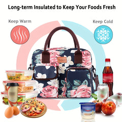 Insulated Lunch Bag Flower Pattern Shoulder Strap Keep Food Fresh