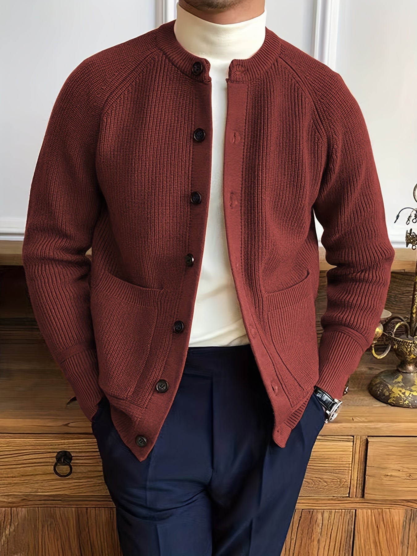 Men's Vintage V Neck Button Up Cardigan with Pocket
