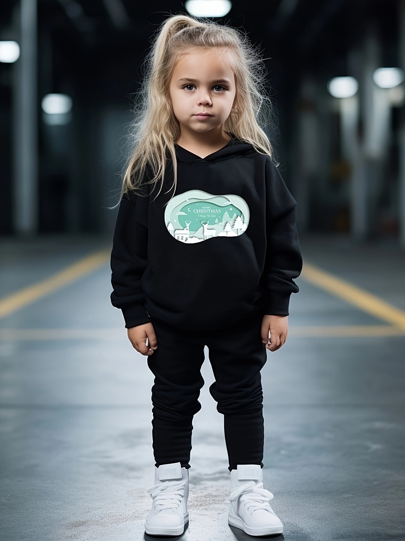 Girls 2pc Cartoon Christmas Scene Hooded Sweatshirt and Sweatpants Set