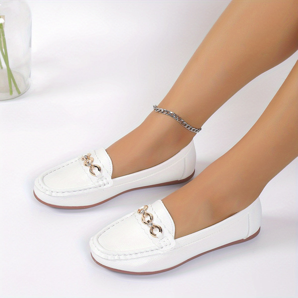 Women's Chain Decor Loafers Slip On Shoes Casual Walking Shoes