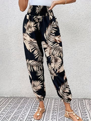 Leaf Print Stirred Waist Pants Boho Jogger Pants For Spring & Summer