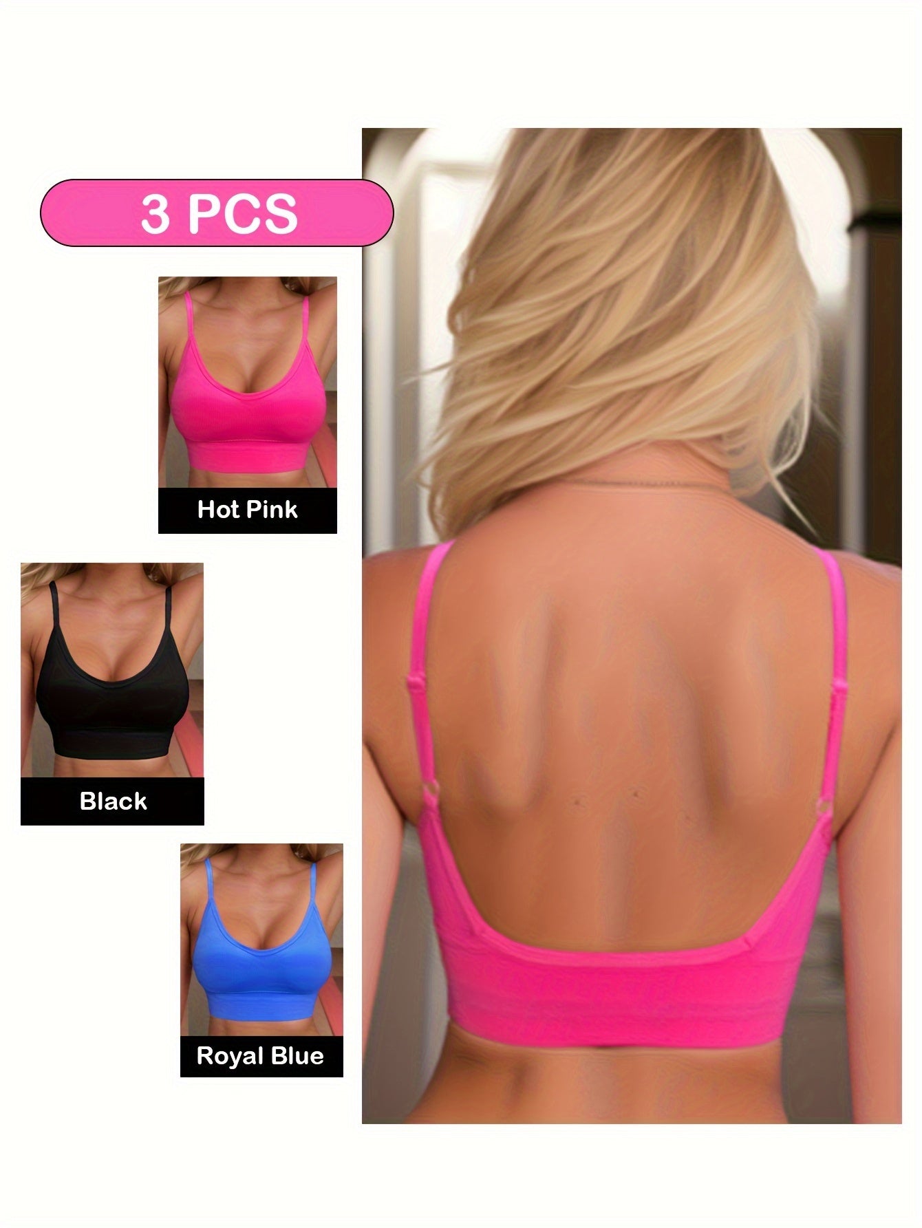 3pcs Solid Ribbed Sports Bras Stretch Intimates Bra Women's Lingerie