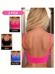 3pcs Solid Ribbed Sports Bras Stretch Intimates Bra Women's Lingerie