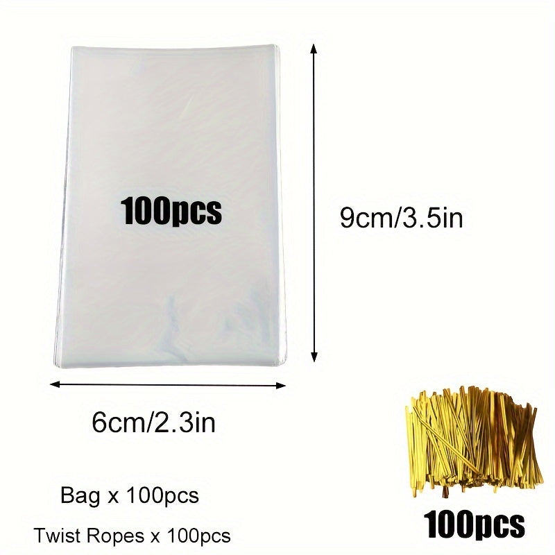200pcs Clear Cellophane Bags with Twist Ropes for Gift Candy Dessert Bakery