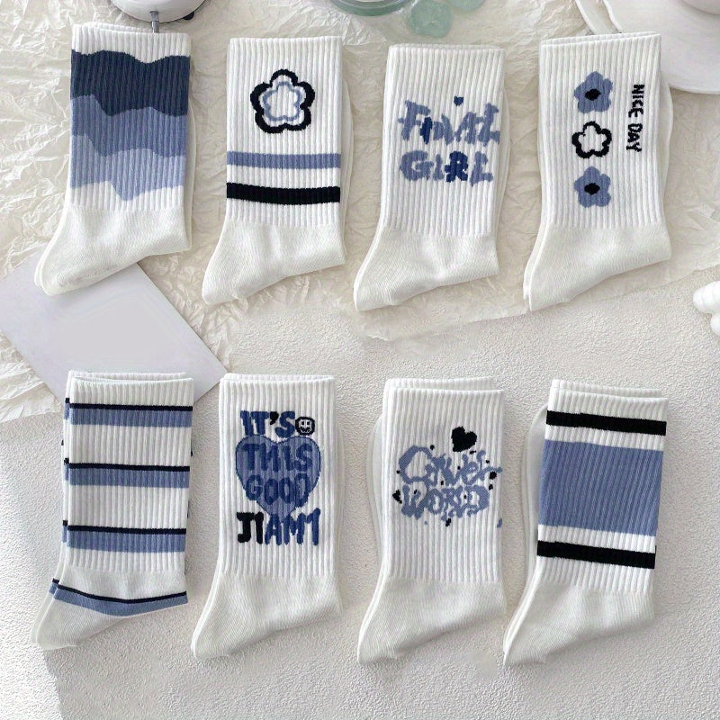 8 Pairs Letter & Striped Print Mid Tube Socks for Women