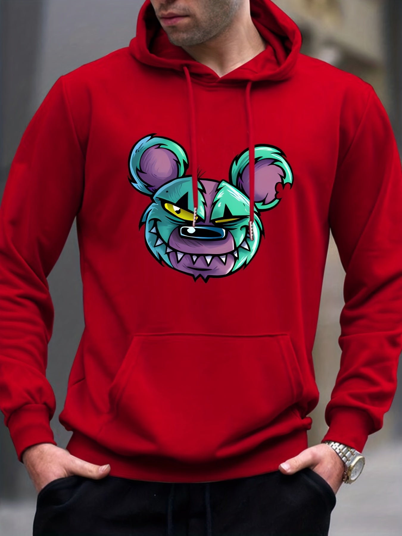 Comic Bear Print Hoodie for Men
