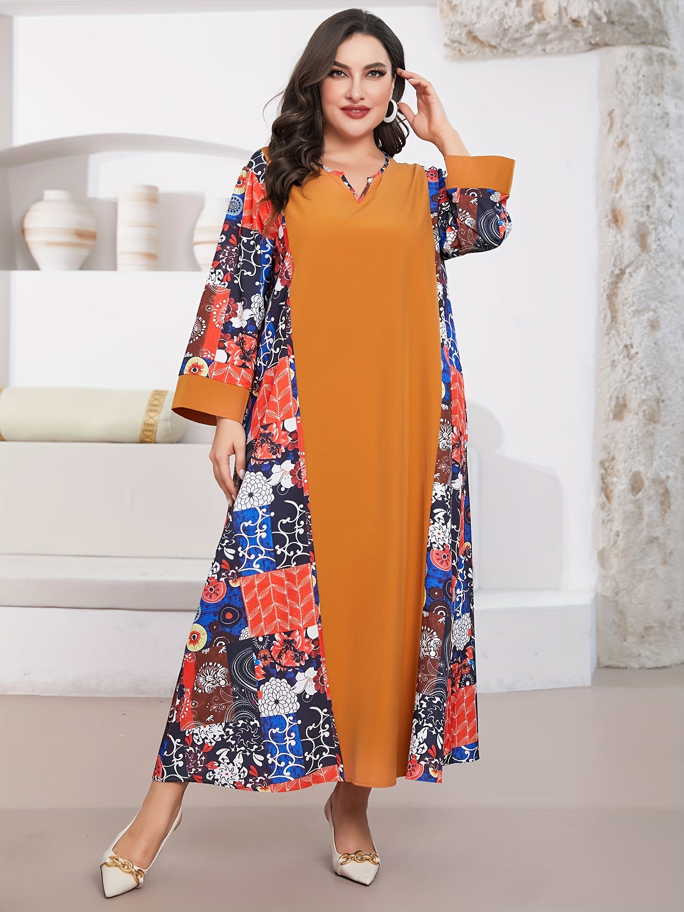 Boho Maxi Dress Floral Print Long Sleeve Notched Neck