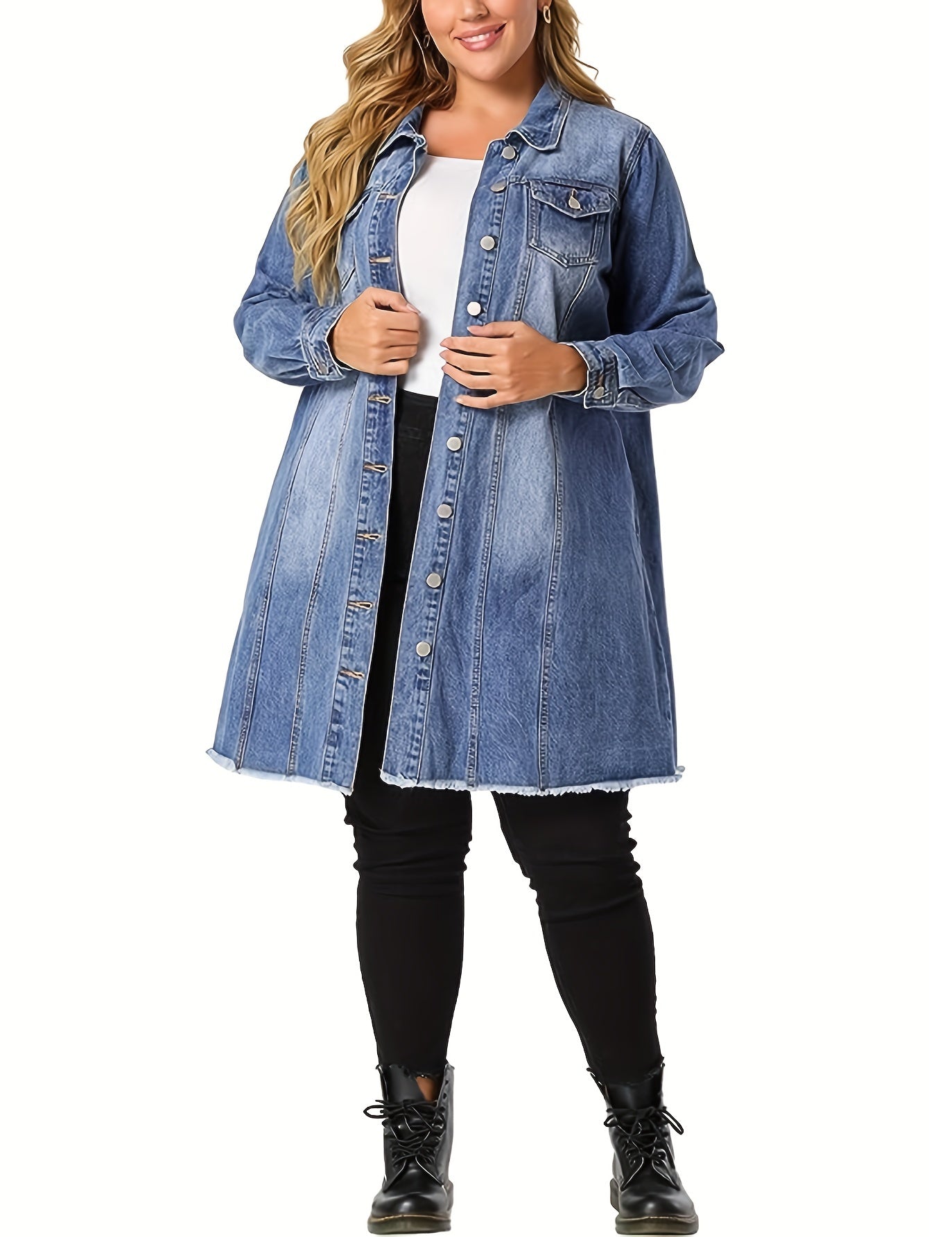 Casual Denim Top Women's Plus Washed Pipping Button Up Long Sleeve