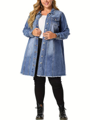 Casual Denim Top Women's Plus Washed Pipping Button Up Long Sleeve