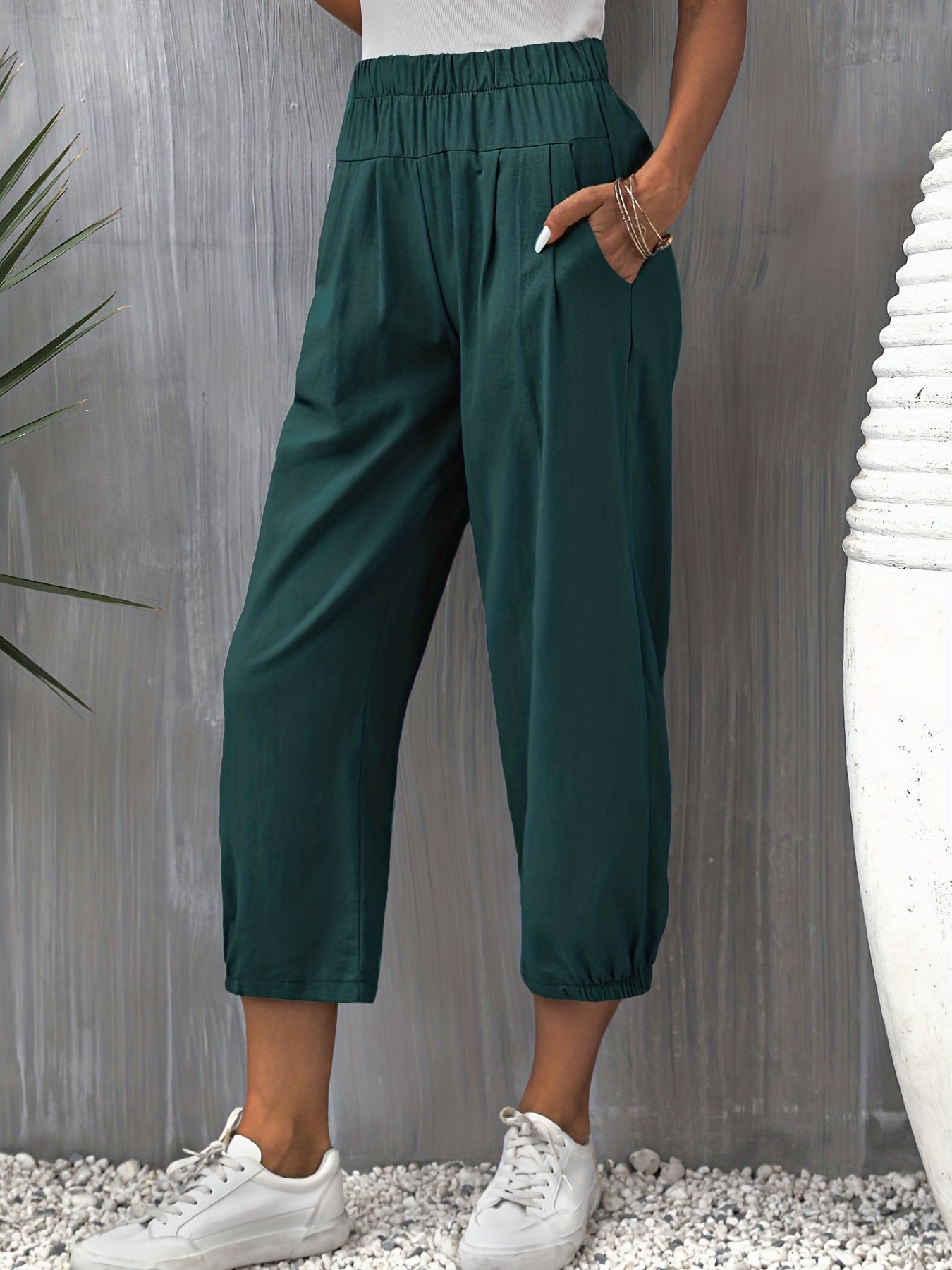 Solid Cropped Pants Casual Elastic Waist Tucked Pants