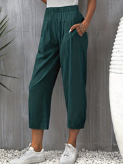 Solid Cropped Pants Casual Elastic Waist Tucked Pants