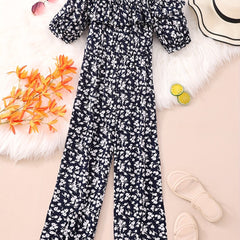 Girls Holiday Style Jumpsuit Ruffles & Flowers Print Short Sleeve Jumpsuits