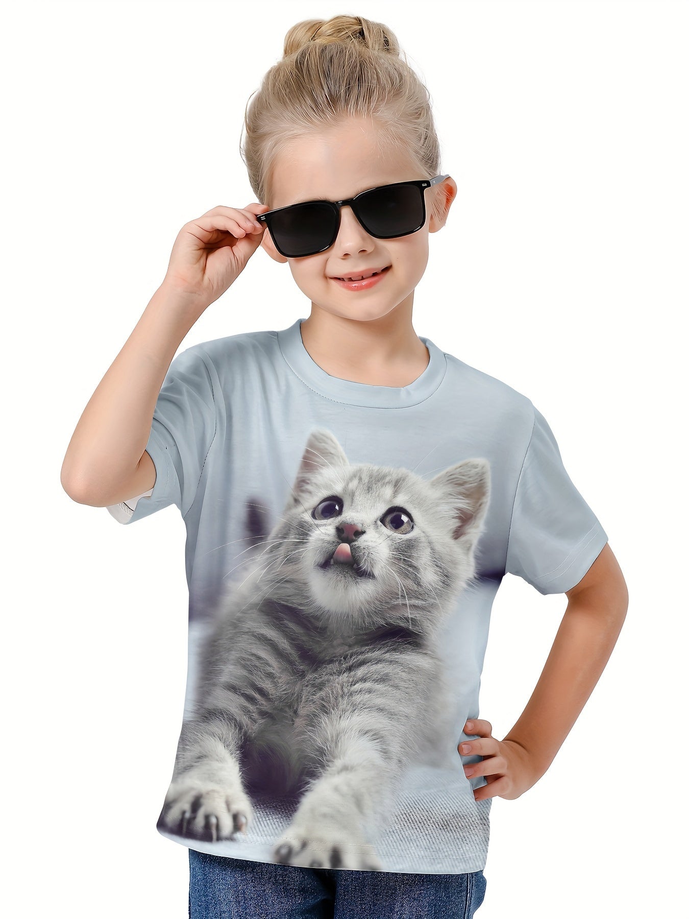 Casual Kitty Graphic Crew Neck T-Shirt Girls Summer Pullover Top
