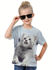 Casual Kitty Graphic Crew Neck T-Shirt Girls Summer Pullover Top