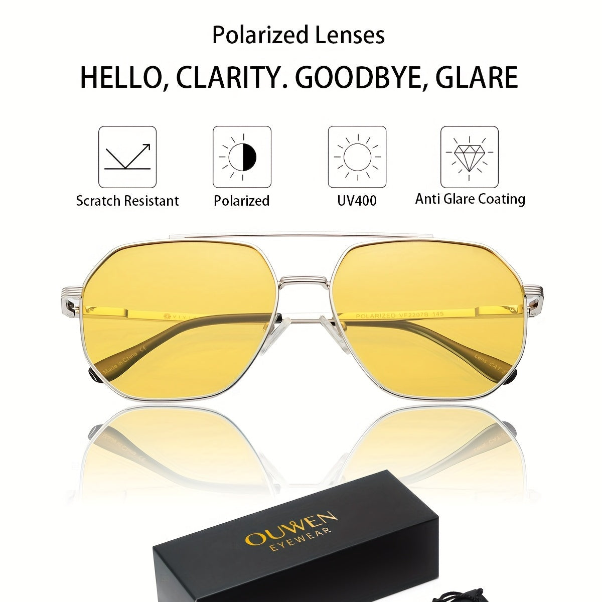 OUWEN Retro Polarized Aviator Sunglasses Night Driving Yellow Glasses