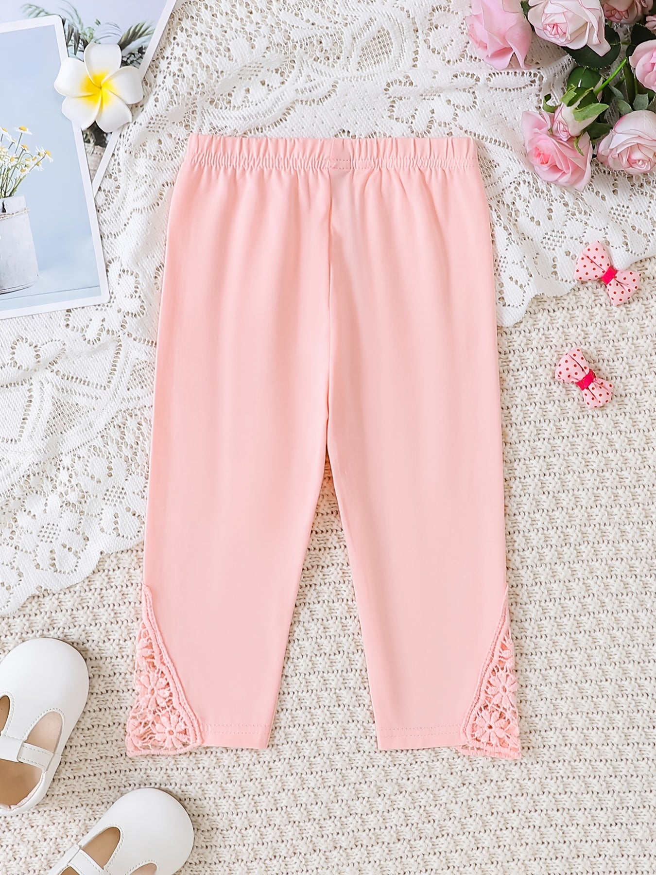 Girls Stretch Soft Leggings Lace Patchwork Elastic Waist Cropped Pants