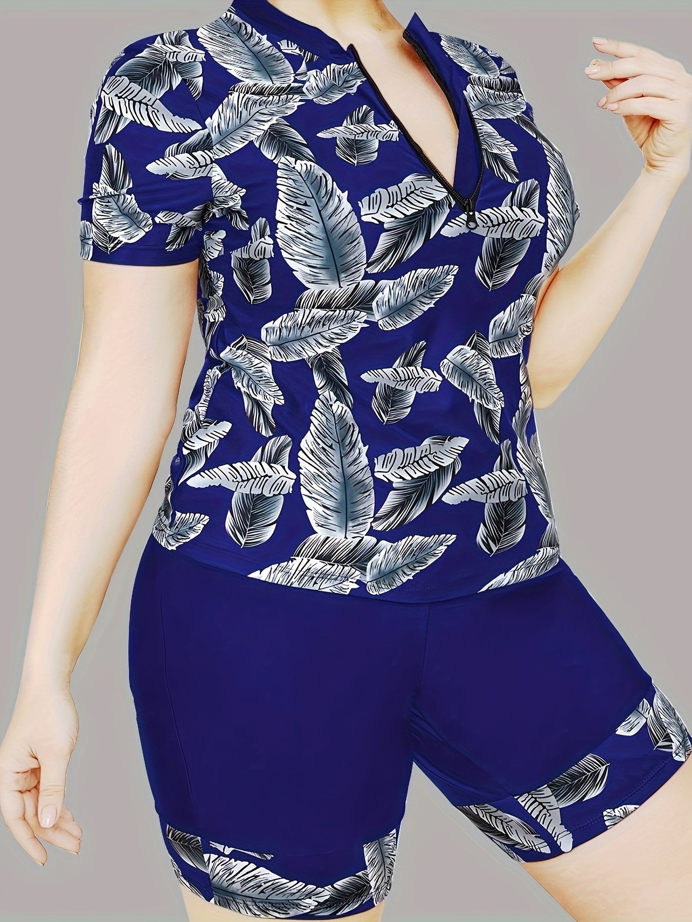 Leaf Print Zip Up Tankini Set