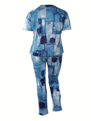 Retro Outfits Set Women's Plus Denim Print T-shirt & Pants Set