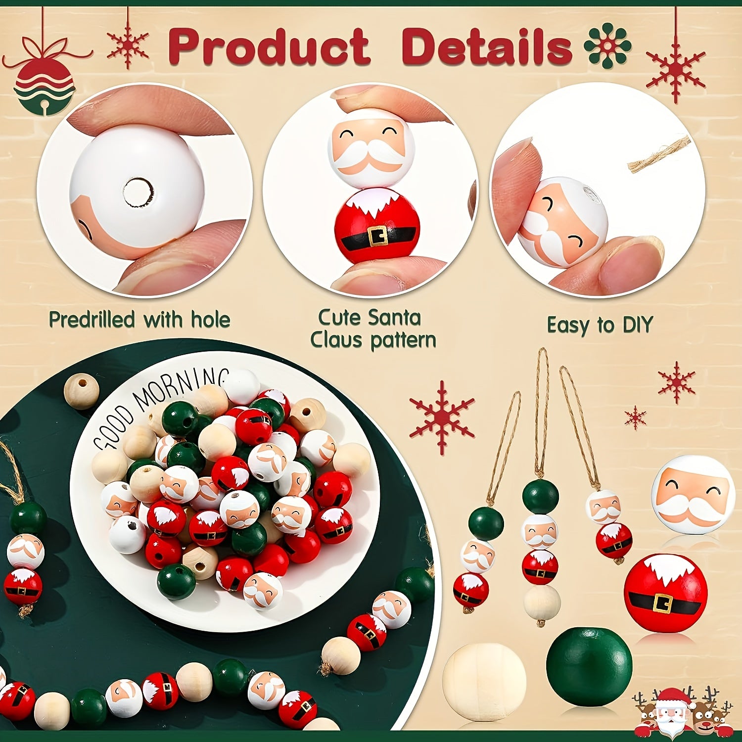 40pcs 20mm Christmas Wood Beads Santa Year's Thanksgiving Winter Bulk