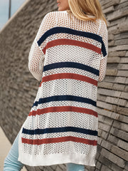 Striped Print Open Front Cardigan Beach Wear Long Sleeve Crochet Cardigan