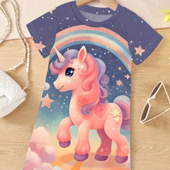 Girls 3D Unicorn Graphic Crew Long Sleeve Dress for Spring Fall
