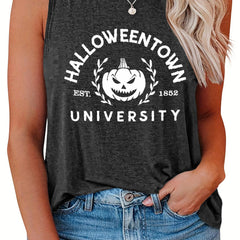 Halloween Casual Tank Top Women's Plus Pumpkin & Letter Print