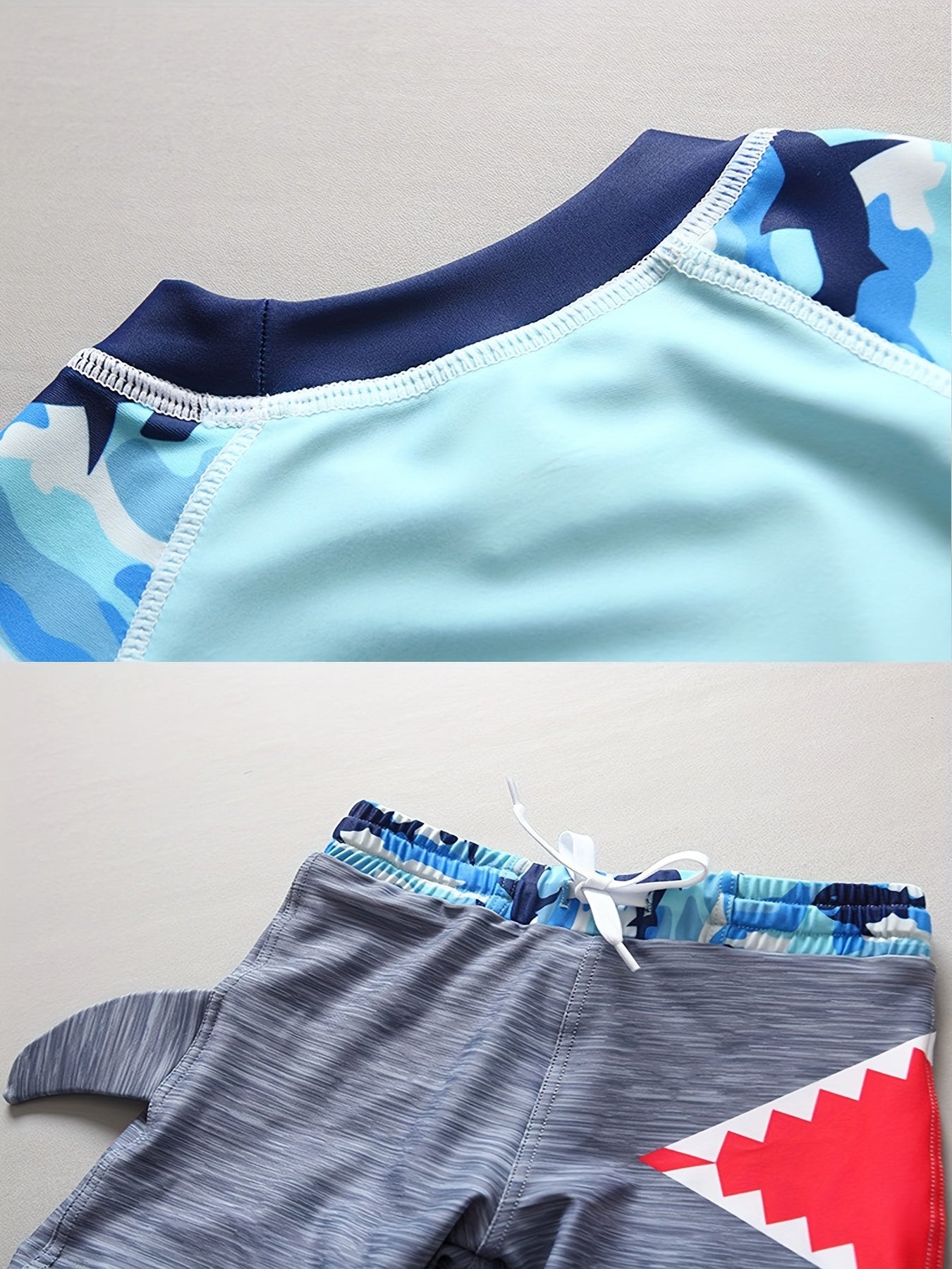 Boys Camo Swim Set Shark Graphic Top Shorts & Hat