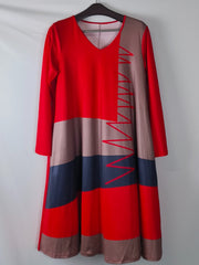 Colorblock Long Sleeve V Neck Maxi Dress