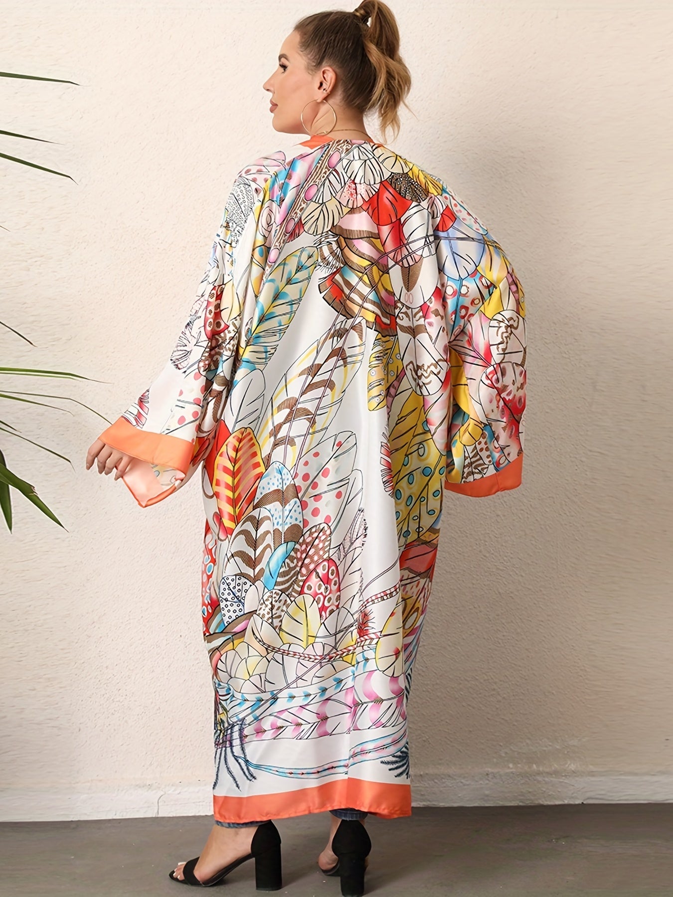 Boho Kimono Women's Plus Allover Print Long Sleeve Cover Up