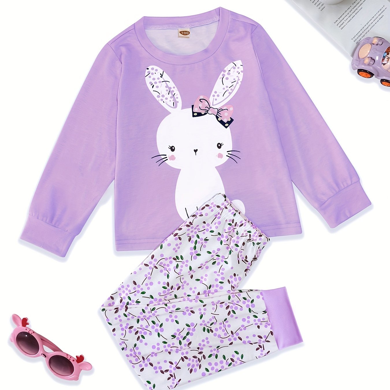 Girls Rabbit Top & Floral Trousers Pajama Set