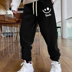 Cartoon Smiling Face Print Men's Pants Drawstring Active Trousers
