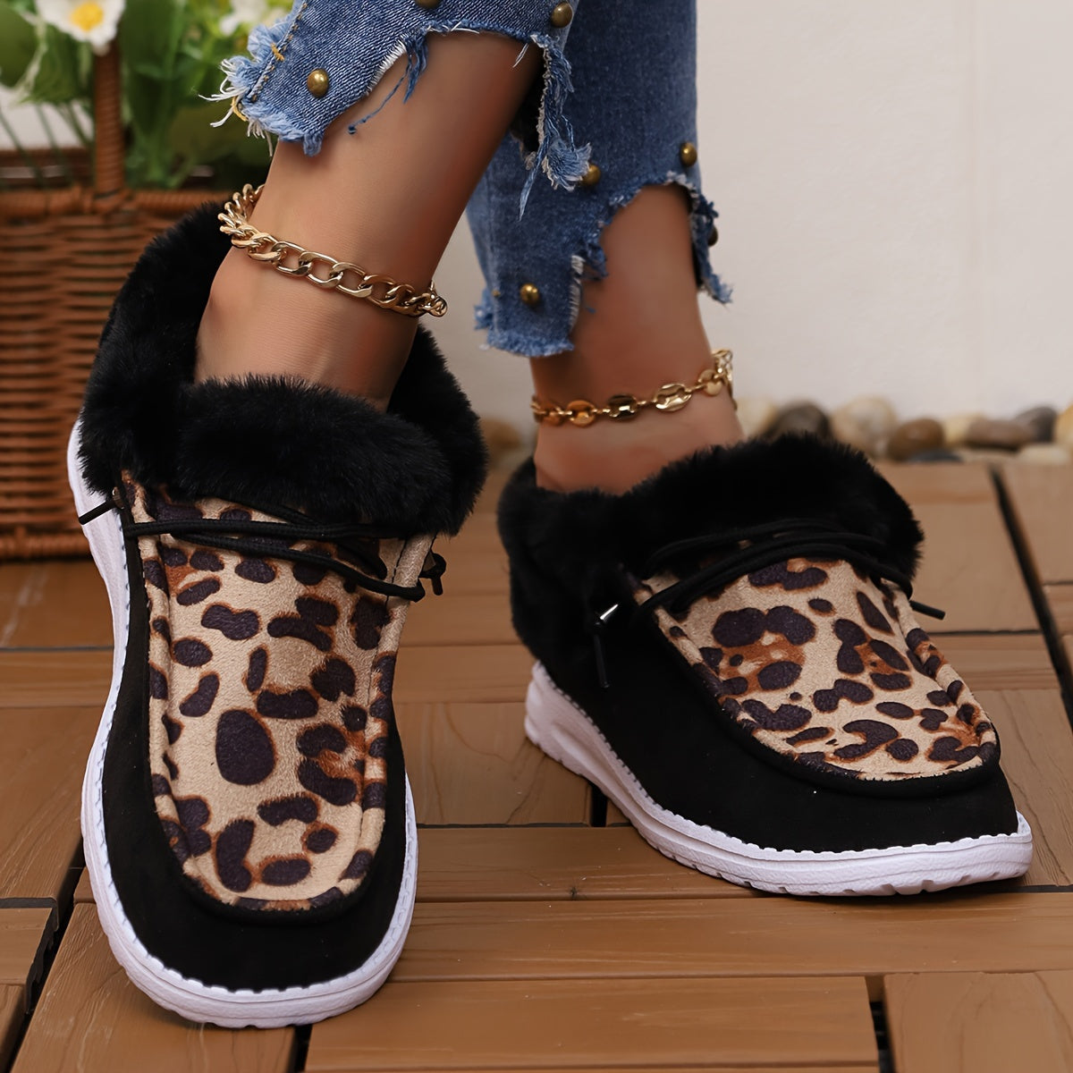 Leopard Slip On Low Top Round Toe Lace Up Casual Shoes