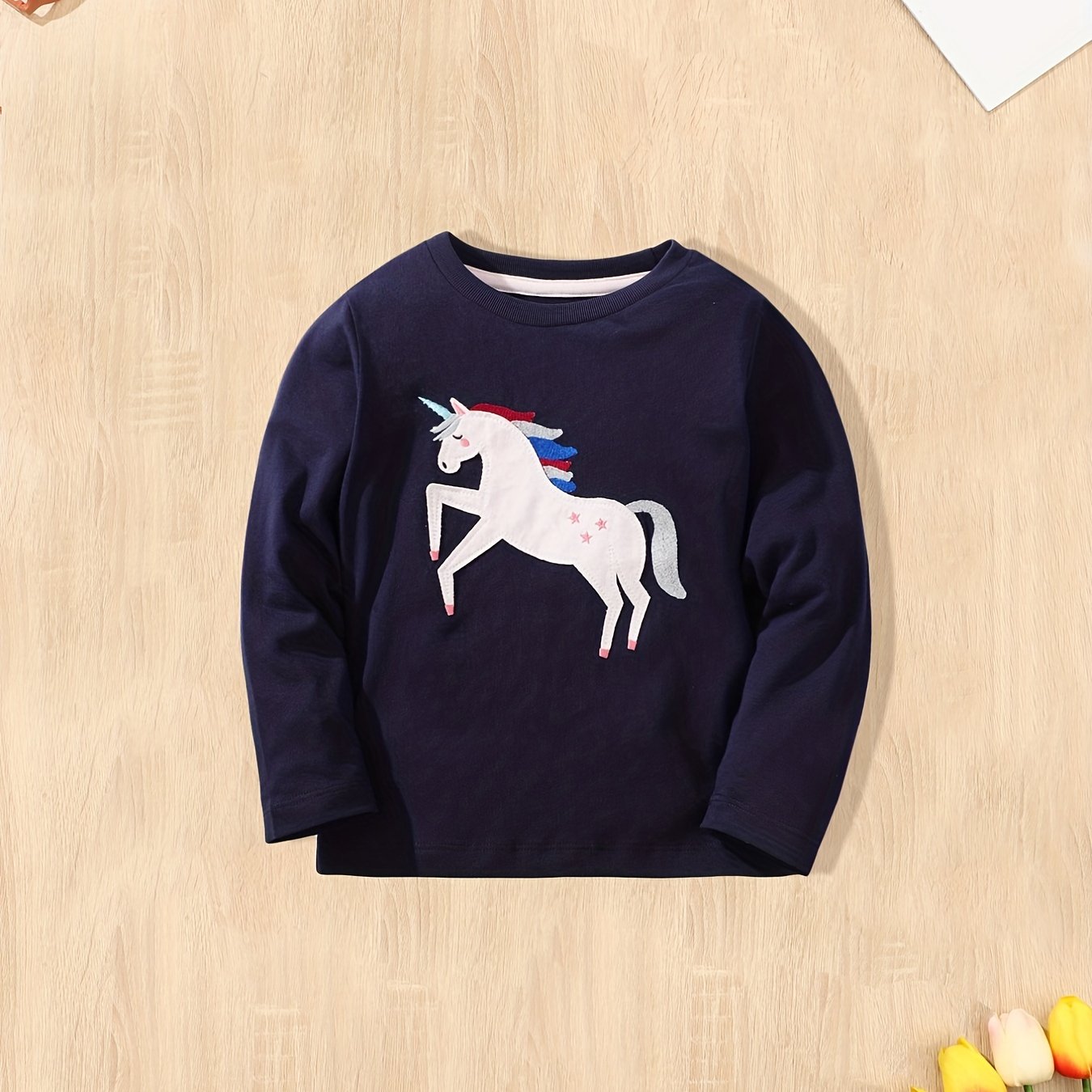 Girls Unicorn Embroidery Crew Neck T shirt Cotton Tops