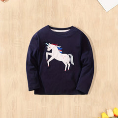 Girls Unicorn Embroidery Crew Neck T shirt Cotton Tops