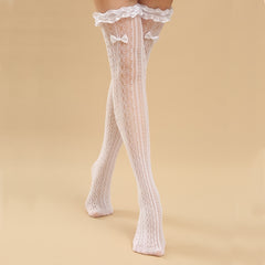 Sheer Mesh Thigh High Socks Lace Trim Bowknot Decor Over The Knee Socks