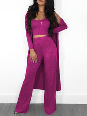 Ribbed Tank Top & Pants & Cardigan Set High Stretch Outfit