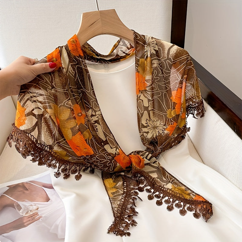 Thin Breathable Scarf Retro Print Fringed Shawl Casual Sunscreen Shawl