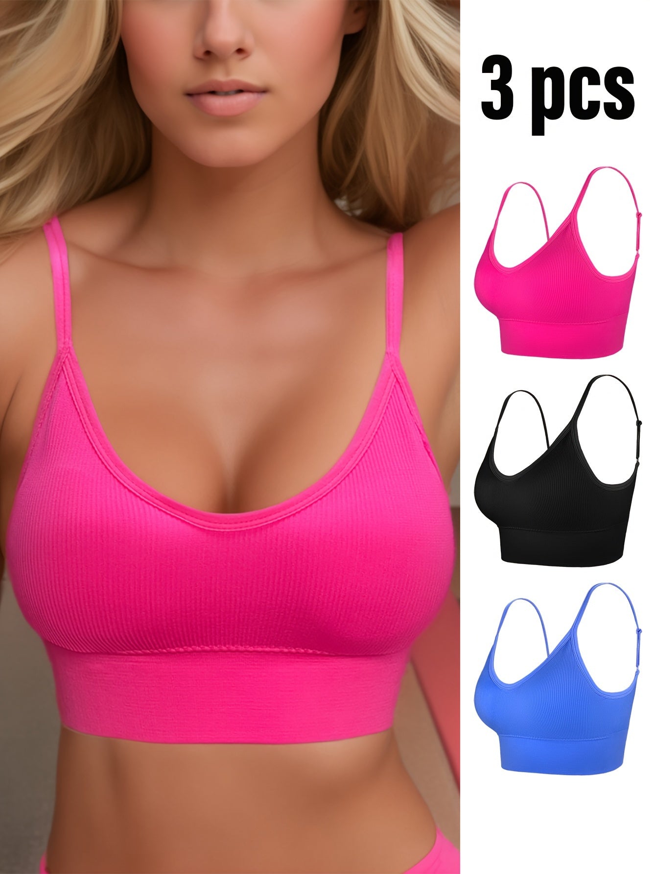 3pcs Solid Ribbed Sports Bras Stretch Intimates Bra Women's Lingerie