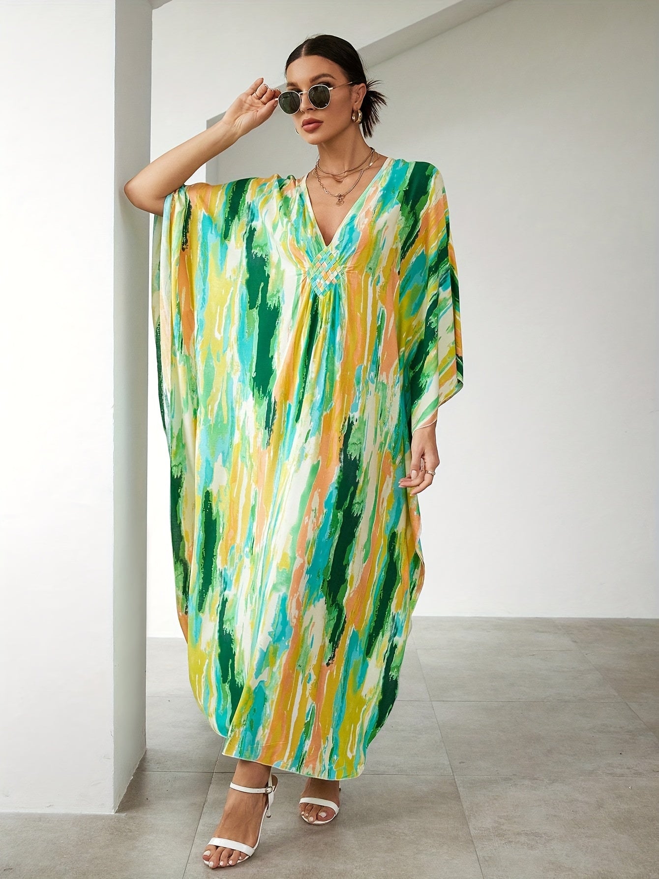 Boho Tie Dye Beach Cover Up Batwing Sleeves V Neck Split Loose Fit