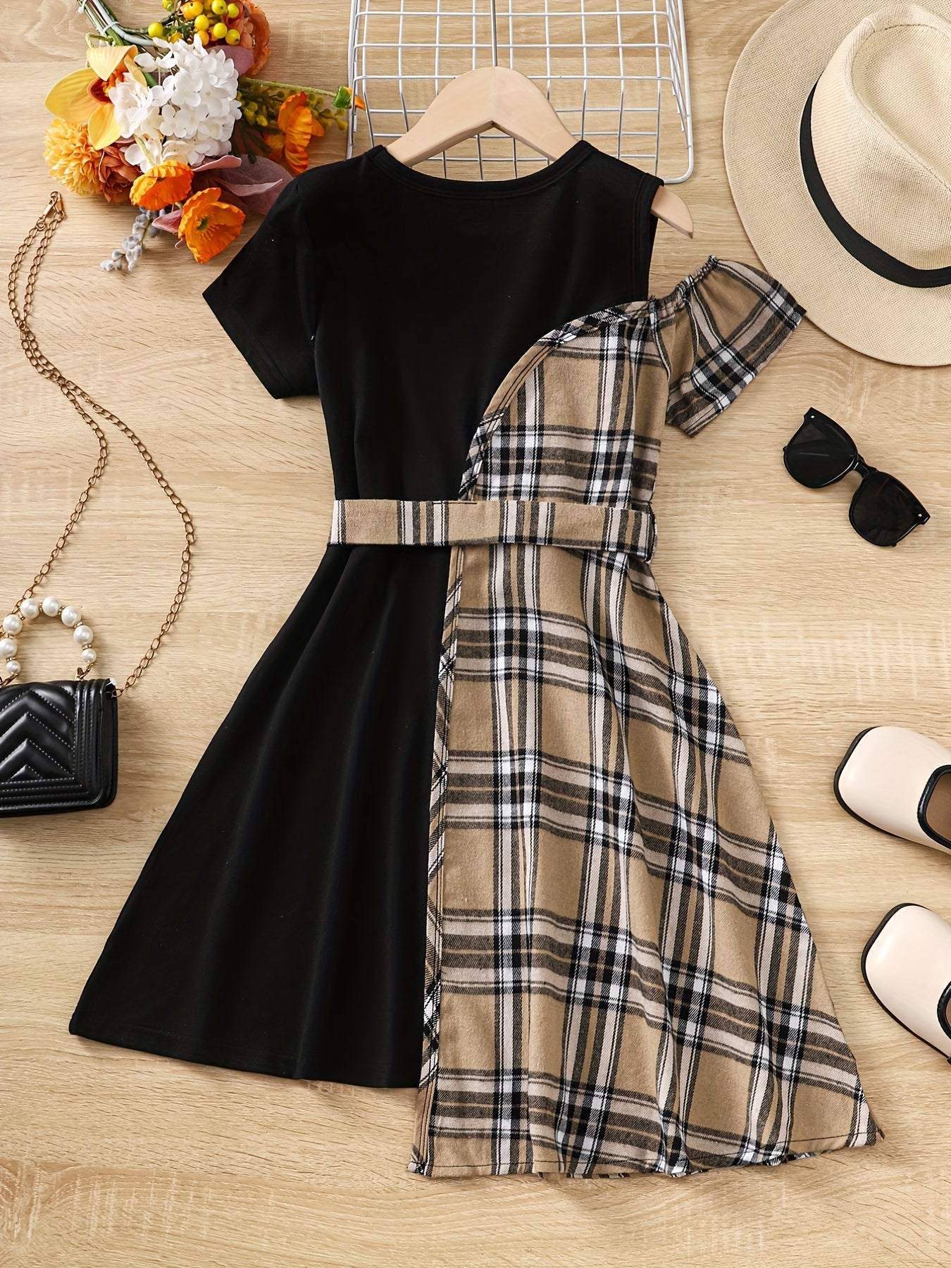 Girls' Asymmetric Plaid Stitching Short Sleeve Casual Dress