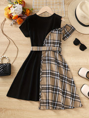 Girls' Asymmetric Plaid Stitching Short Sleeve Casual Dress