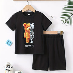 Boys Robotic Bear Outfit Round Neck T shirt & Shorts Kids Summer Clothes