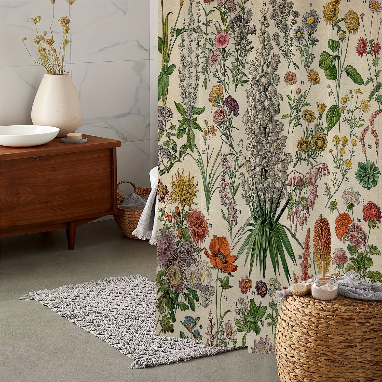 Green Floral Print Shower Curtain Waterproof Fabric Bathroom Decor 180x180